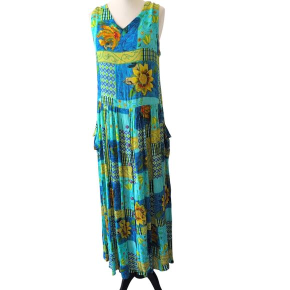 Vintage Maxi Dress Womens Medium Summer Blue Sunflower Garden Cottage Bohemian - Picture 3 of 13